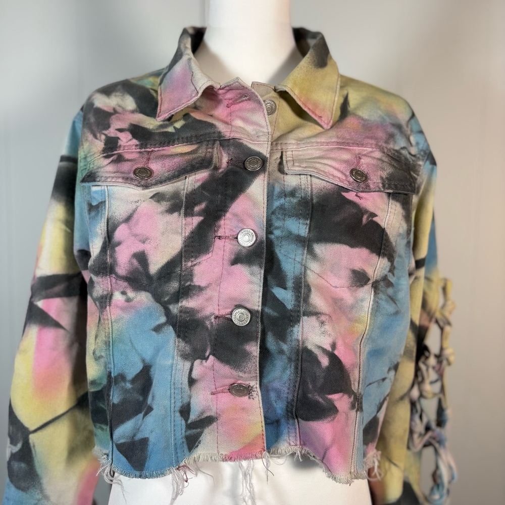 Tie Dye Fringe Denim Jacket Women’s L Crop Festival Jean Casual Boho - Picture 2 of 8